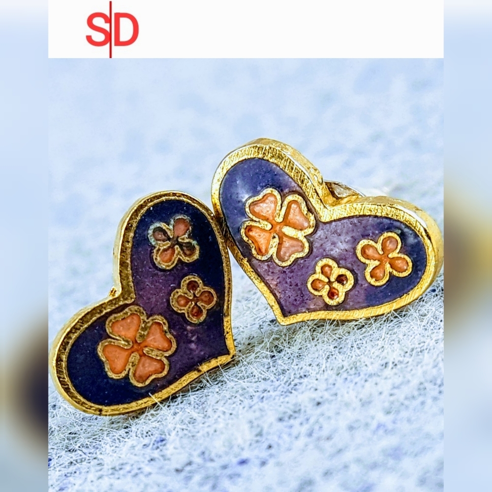 Solid Brass Cloissone (Enamel) Heart Shaped Stud Earring